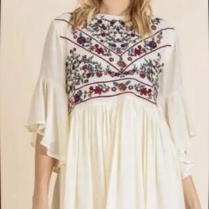 UMGEE USA Women’s Cream Floral Embroidered Ruffle Sleeve Boho Dress Small